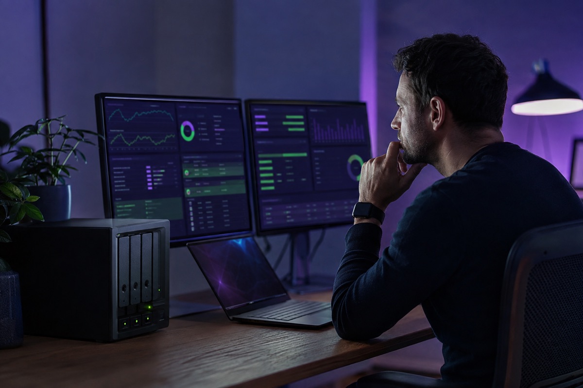 IT specialist monitoring protected business systems and backup equipment