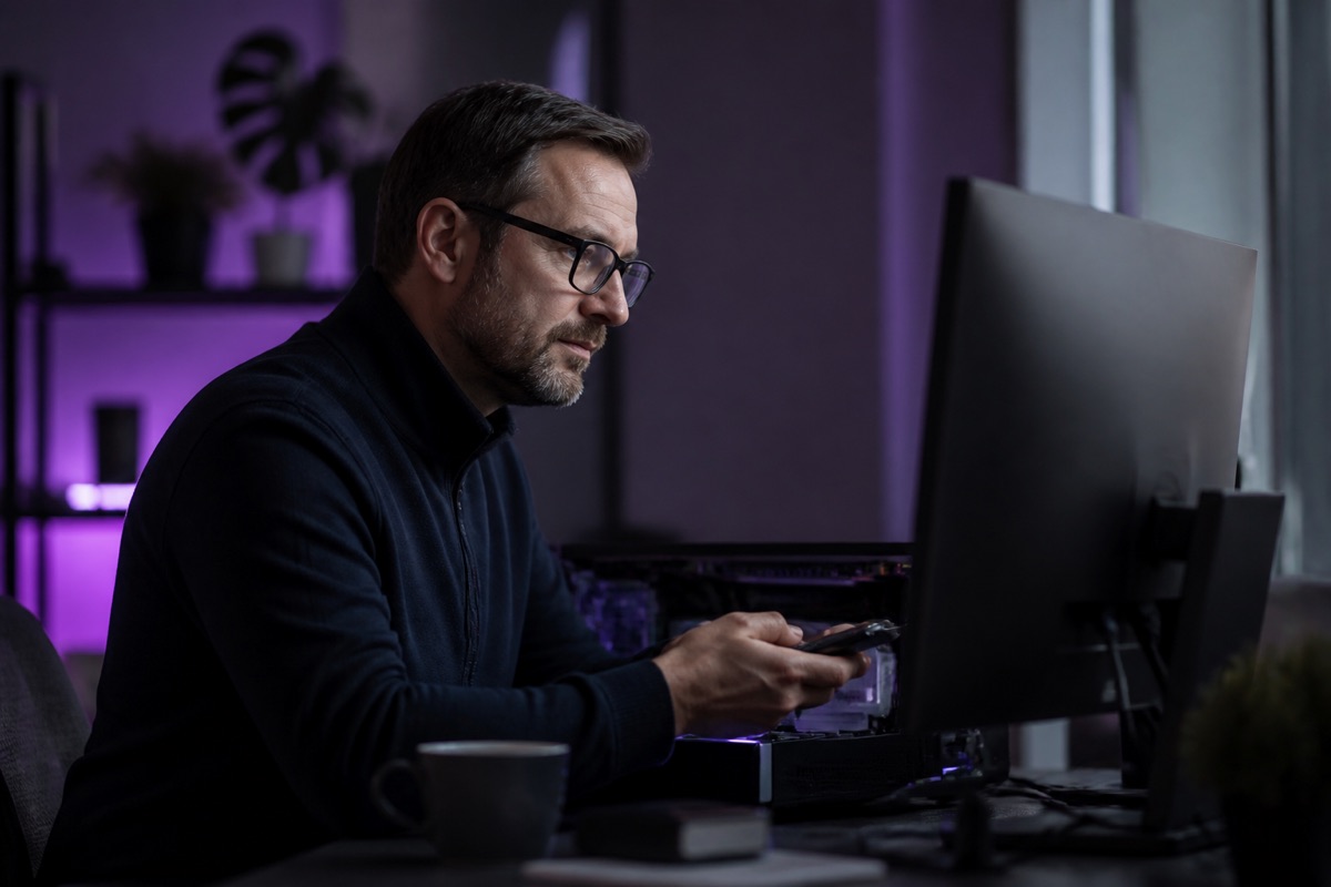IT specialist diagnosing a business computer problem