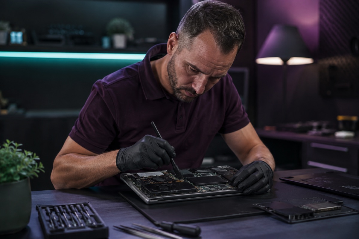 Technician carefully maintaining a business computer