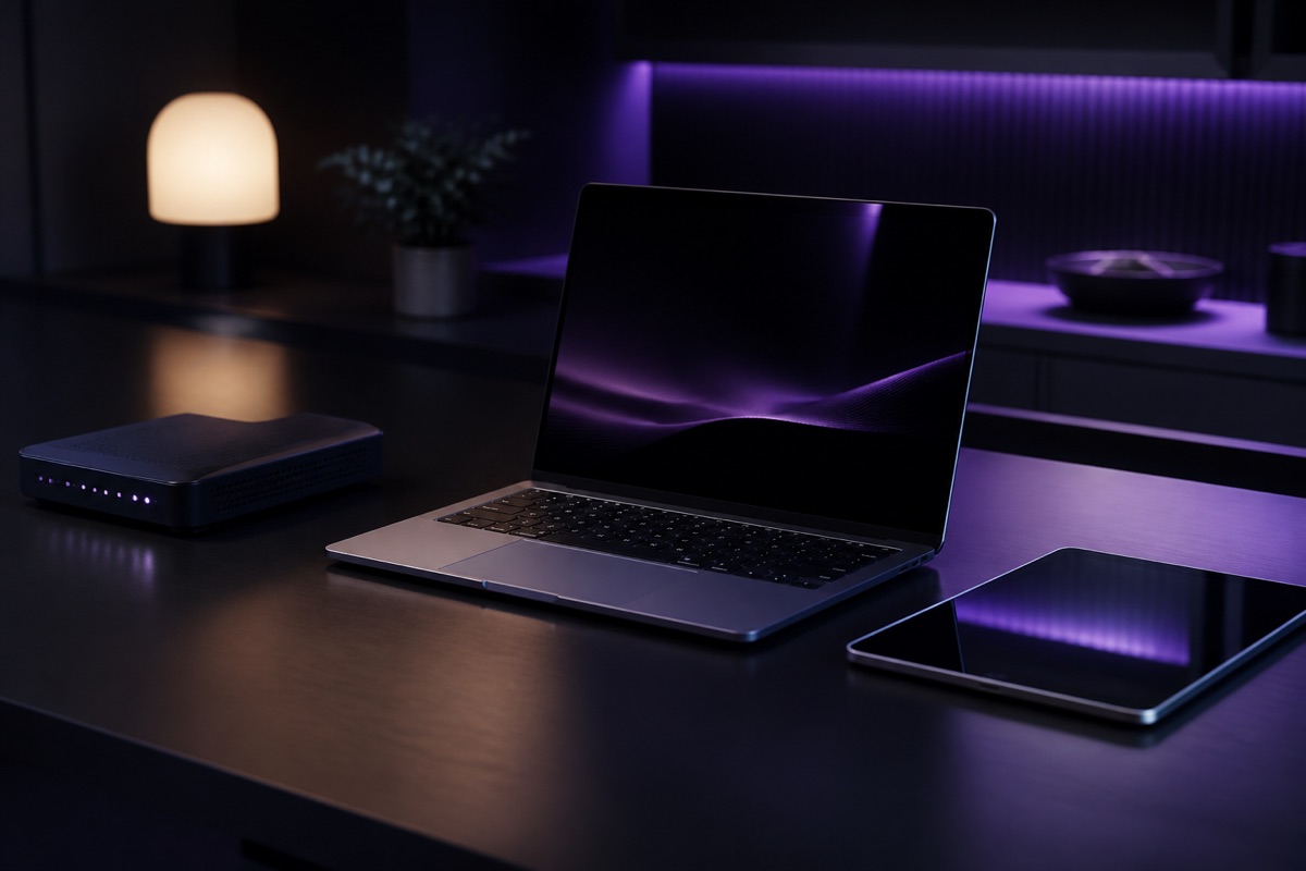 Connected workplace technology arranged on a modern desk