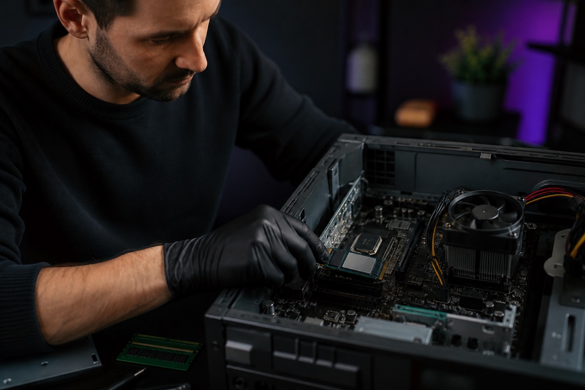 Technician installing a targeted upgrade in an existing business computer